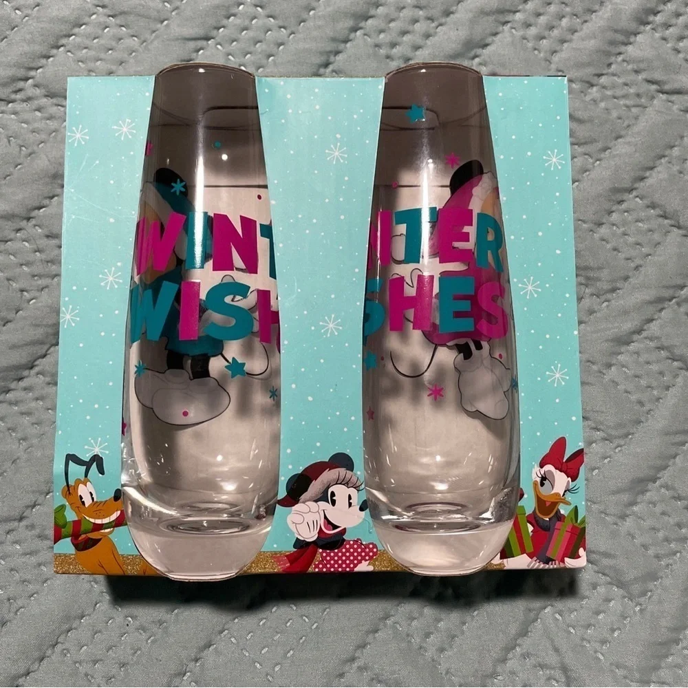 Disney Mickey And Minnie Christmas, Set Of 2 Stemless Flute Glasses, 9 Oz Each.